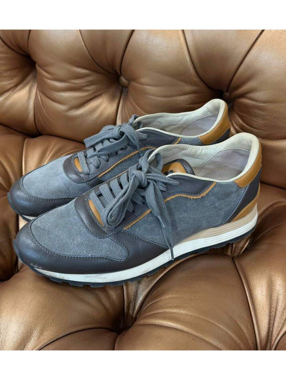 Brunello Cucinelli trainer grey smooth leather suede trim